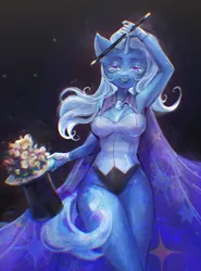 Size: 1599x2160 | Tagged: suggestive, artist:efimeri, derpibooru import, trixie, anthro, unicorn, g4, bouquet of flowers, breasts, busty trixie, cape, clothes, female, flower, gloves, gradient background, hat, horn, image, jpeg, leotard, lidded eyes, looking at you, magician outfit, smiling, solo, solo female, top hat, trixie's cape