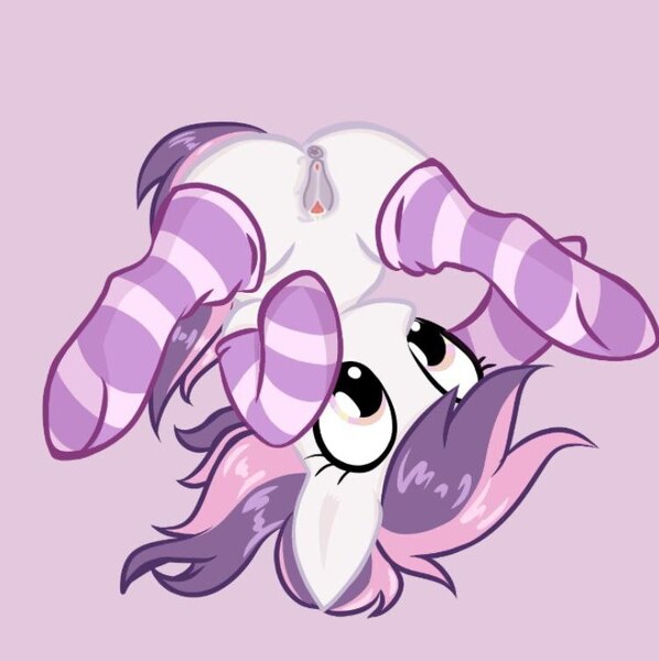 Size: 752x754 | Tagged: explicit, anonymous artist, artist:barbariska, artist:illuminatiums, oc, oc:sweetieck dreams, pony, unicorn, g4, broom, butt, clothes, colored hooves, cute, eyelashes, female, filly, foal, foalcon, hooves, horn, mare, not sweetie belle, nudity, orange eyes, simple background, socks, solo, spread legs, spreading, striped socks, tail, two toned mane, two toned tail, underage, unicorn horn, upside down, vulva