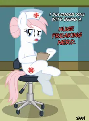 Size: 1890x2585 | Tagged: safe, artist:banquo0, derpibooru import, nurse redheart, earth pony, pony, g4, clipboard, crossed hooves, female, image, jpeg, looking at you, narrowed eyes, open mouth, sitting, solo, talking, text