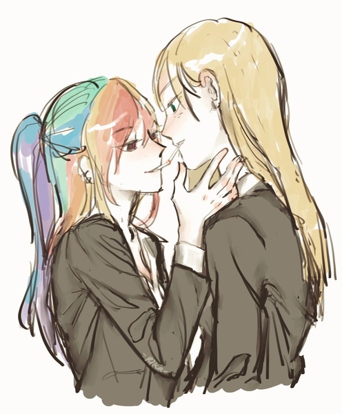 Size: 1230x1487 | Tagged: safe, artist:saruko648, derpibooru import, applejack, rainbow dash, human, g4, appledash, cigarette, cigarette kiss, clothes, duo, female, humanized, image, jpeg, lesbian, school uniform, shipping, smoking