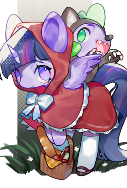 Size: 1181x1748 | Tagged: safe, artist:puzi, derpibooru import, spike, twilight sparkle, twilight sparkle (alicorn), alicorn, dragon, pony, g4, animal costume, apple, baguette, basket, bread, clothes, cosplay, costume, crossover, cute, duo, female, food, image, little red riding hood, male, mare, no pupils, open mouth, png, simple background, spikabetes, transparent background, twiabetes, wolf costume