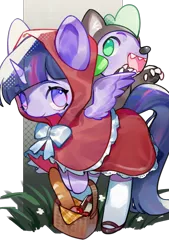 Size: 1181x1748 | Tagged: safe, artist:puzi, derpibooru import, spike, twilight sparkle, twilight sparkle (alicorn), alicorn, dragon, pony, g4, animal costume, apple, baguette, basket, bread, clothes, cosplay, costume, crossover, cute, duo, female, food, image, little red riding hood, male, mare, no pupils, open mouth, png, simple background, spikabetes, transparent background, twiabetes, wolf costume