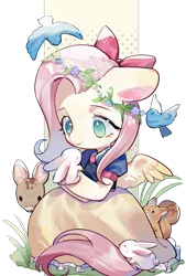 Size: 1181x1748 | Tagged: safe, artist:puzi, derpibooru import, fluttershy, bird, pegasus, pony, rabbit, squirrel, g4, animal, bow, clothes, crossover, cute, dress, fawn, female, floppy ears, floral head wreath, flower, hair bow, image, looking at something, mare, no pupils, png, princess, shyabetes, simple background, sitting, snow white, solo, spread wings, three quarter view, transparent background, wings