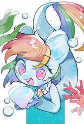 Size: 1181x1748 | Tagged: safe, artist:puzi, derpibooru import, rainbow dash, merpony, pony, seapony (g4), g4, bubble, coral, cute, dashabetes, female, fish tail, image, jewelry, necklace, no pupils, open mouth, open smile, pearl necklace, png, seaponified, seapony rainbow dash, seashell, seashell necklace, seaweed, simple background, smiling, solo, species swap, swimming, tail, the little mermaid, transparent background, underwater, water