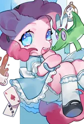 Size: 1181x1748 | Tagged: safe, artist:puzi, derpibooru import, gummy, pinkie pie, alligator, earth pony, pony, semi-anthro, g4, alice, alice in wonderland, arm hooves, bloomers, bunny ears, card, clothes, cosplay, costume, crossover, cup, cute, diapinkes, dress, female, food, image, looking at you, mare, no pupils, open mouth, png, pocket watch, puffy sleeves, simple background, solo, tea, teacup, transparent background