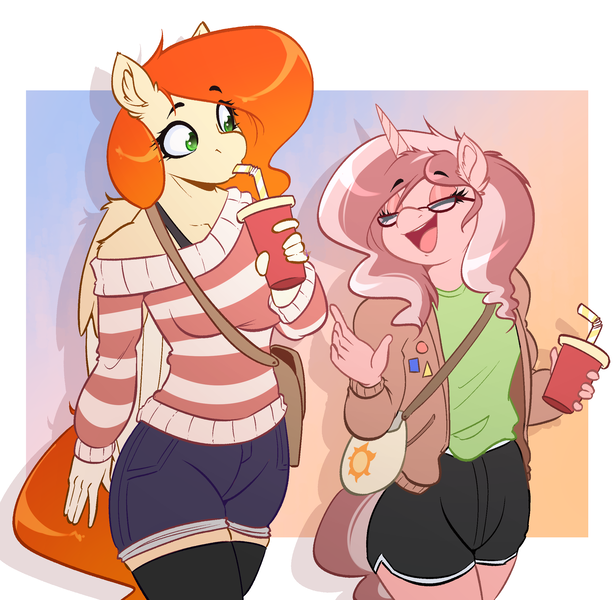 Size: 2484x2424 | Tagged: safe, artist:witchtaunter, derpibooru import, oc, anthro, pegasus, pony, unicorn, clothes, commission, cup, drink, drinking, eyes closed, female, glasses, gradient background, horn, image, png