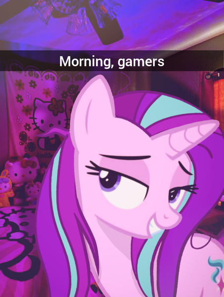 Size: 736x978 | Tagged: safe, artist:trrrebleee, derpibooru import, edit, vector edit, starlight glimmer, pony, unicorn, g4, bed mane, caption, hello kitty, horn, image, meme, messy mane, png, real life background, room, sanrio, snapchat, text, vector