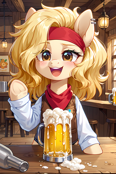 Size: 3072x4608 | Tagged: source needed, safe, ai content, derpibooru import, machine learning generated, prompter:the emissary, oc, oc:beer foam, unofficial characters only, alcohol, beer, beer mug, blushing, clothes, greeting you, handkerchief, image, leather, leather vest, looking at you, piercing, png, tavern, vest