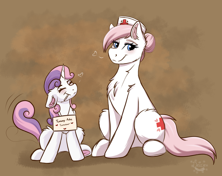 Size: 3821x3034 | Tagged: safe, artist:decemberbreeze, derpibooru import, nurse redheart, sweetie belle, earth pony, pony, unicorn, g4, blushing, candy, chest fluff, cute, diasweetes, duo, ear fluff, eyes closed, female, filly, floating heart, floppy ears, foal, food, hair bun, hat, heart, horn, image, lollipop, mare, nurse hat, png, sign, smiling, tail, tail wag, underhoof