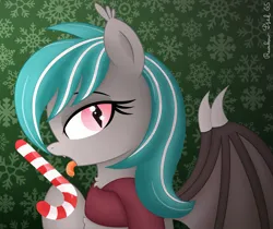 Size: 3583x3016 | Tagged: suggestive, artist:rainbowšpekgs, derpibooru import, oc, oc:malachite cluster, unofficial characters only, bat pony, pony, bat pony oc, bat wings, candy, candy cane, chest fluff, clothes, drool, drool string, eating, fangs, femboy, food, image, licking, male, open mouth, png, scarf, spread wings, stallion, tongue out, wings