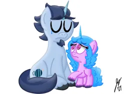 Size: 2160x1620 | Tagged: safe, artist:jesslmc16, derpibooru import, alphabittle (g5), izzy moonbow, pony, unicorn, g5, crying, duo, eyes closed, female, filly, filly izzy moonbow, foal, frown, horn, image, male, png, simple background, sitting, stallion, white background, younger