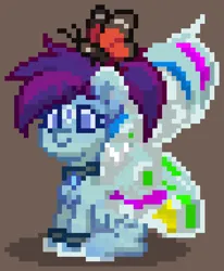 Size: 752x912 | Tagged: safe, derpibooru import, edit, oc, oc:mystique, unofficial characters only, butterfly, butterfly pony, hybrid, insect, pegasus, pony, pony town, g4, blue coat, blue eyes, blue hair, blue mane, bracelet, brown background, butterfly wings, coat markings, digital art, facial markings, female, image, jewelry, mare, necklace, offspring, parent:rarity, parent:thunderlane, parents:rarilane, pegasus oc, pixel art, png, ponytail, purple hair, purple mane, simple background, sitting, solo, star (coat marking), tied mane, two toned hair, two toned mane, wings