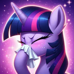 Size: 1024x1024 | Tagged: safe, ai content, derpibooru import, machine learning generated, prompter:heydude5321, twilight sparkle, pony, unicorn, g4, eyes closed, female, generator:bing image creator, generator:dall-e 3, horn, image, jpeg, mare, nose blowing, solo, tissue