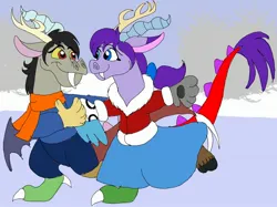 Size: 2732x2048 | Tagged: safe, artist:adeanthepurpledragon, derpibooru import, discord, oc, oc:adean the draconequus, draconequus, christmas, clothes, couple, discord x draconequus oc, dress, holiday, ice skating, image, jpeg, scarf, winter, winter outfit