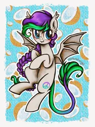 Size: 2248x3000 | Tagged: safe, artist:dariarchangel, derpibooru import, oc, oc:lony, unofficial characters only, bat pony, pegasus, pony, g4, adorable face, bat pony oc, bat wings, blue eyes, blushing, braid, c:, coconut, cute, cute face, cute little fangs, cute smile, ear fluff, fangs, female, female oc, flying, food, gradient tail, gray coat, green tail, image, leonine tail, long hair, long mane, long tail, ocbetes, passepartout, patterned background, peace symbol, pegasus oc, png, pony oc, purple hair, purple mane, raised hoof, smiling, solo, spread wings, tail, traditional art, two toned hair, two toned mane, wings