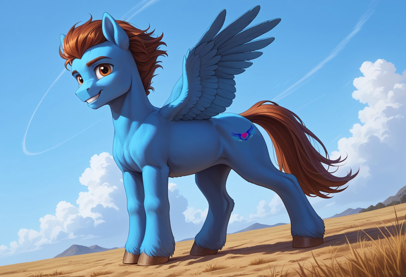 Size: 2432x1664 | Tagged: safe, ai content, derpibooru import, machine learning assisted, machine learning generated, prompter:remtalos, stable diffusion, oc, oc:remmy, unofficial characters only, pegasus, pony, blue coat, blue fur, brown eyes, brown mane, brown tail, detailed background, hazel eyes, image, looking at you, male, png, short mane, smiling, solo, solo male, spread wings, tail, wings