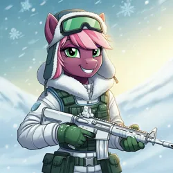 Size: 1024x1024 | Tagged: safe, ai content, derpibooru import, generator:google imagen 3.0, machine learning generated, prompter:zerowinger, cheerilee, anthro, earth pony, series:g.i. pony: a real equestrian hero, g4, assault rifle, clothes, cosplay, costume, female, g.i. joe, goggles, gun, iceberg (gi joe), image, jpeg, outdoors, rifle, smiling, snow, snowfall, snowflake, solo, vest, weapon, winter outfit