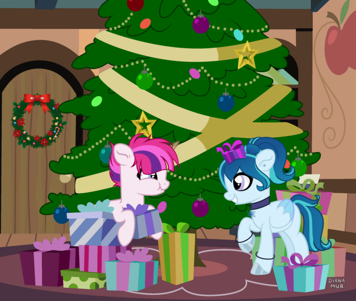 Size: 1280x1080 | Tagged: safe, artist:tkn297, derpibooru import, oc, oc:pink gidgit, oc:winter snow, unofficial characters only, pegasus, pony, christmas, christmas tree, female, holiday, image, mare, png, present, tree