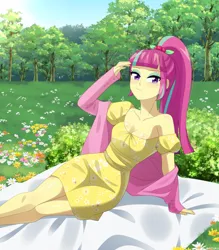 Size: 1050x1200 | Tagged: safe, artist:riouku, derpibooru import, sour sweet, equestria girls, g4, blanket, blushing, breasts, bush, clothes, coat, cute, dress, eyeshadow, female, flower, freckles, image, makeup, png, solo, sourbetes, sundress, tree