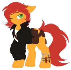 Size: 1800x1763 | Tagged: artist needed, safe, derpibooru import, oc, oc:ignis quark, unofficial characters only, bag, blacksmith, clothes, coat, image, one eye closed, png, saddle bag, tools, wink