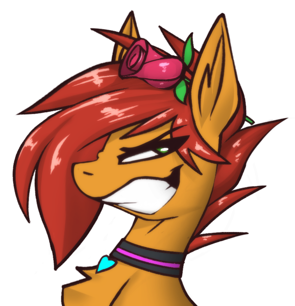 Size: 869x902 | Tagged: safe, artist:fenixdust, derpibooru import, oc, oc:ignis quark, collar, emoji, flower, image, png, rose, smug