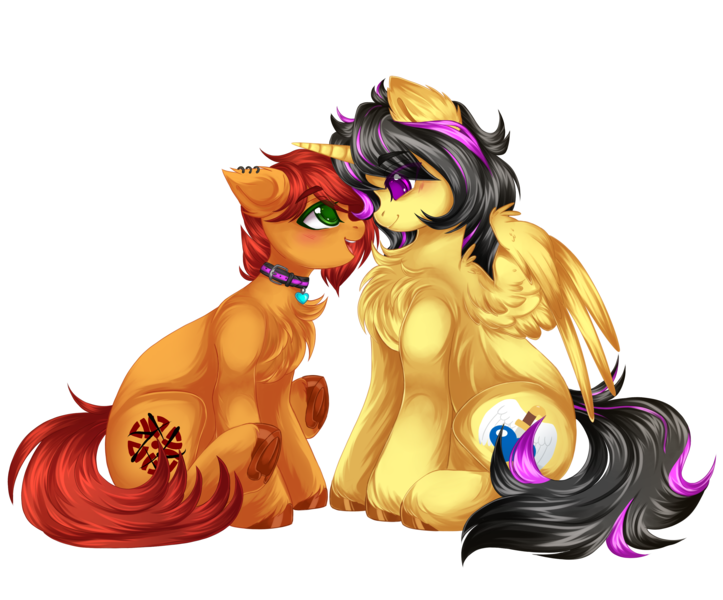 Size: 3434x2850 | Tagged: safe, artist:bizarre_pony, derpibooru import, oc, oc:ignis quark, oc:nitro blitzen, earth pony, pegasus, adoration, collar, cute, ear piercing, earring, image, jewelry, nose to nose, piercing, png