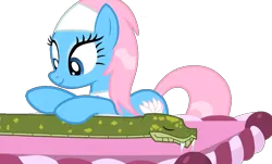 Size: 1074x647 | Tagged: artist needed, safe, derpibooru import, edit, edited screencap, screencap, lotus blossom, earth pony, pony, snake, g4, blue eyes, cyan skin, female, image, massage, not a vector, pink mane, png, relaxed, simple background, transparent background