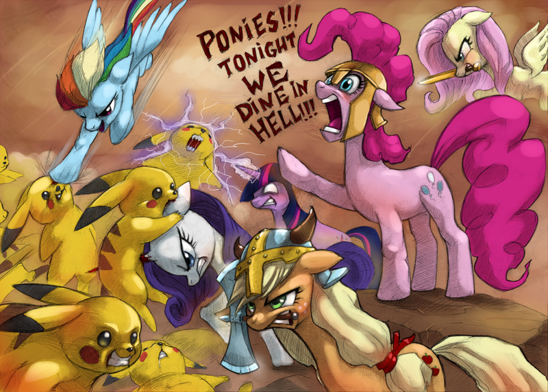 Size: 1000x715 | Tagged: semi-grimdark, artist:flick-the-thief, derpibooru import, ponibooru import, applejack, fluttershy, pinkie pie, rainbow dash, rarity, twilight sparkle, earth pony, pegasus, pikachu, pony, unicorn, g4, 2011, 300, axe, battle axe, blood, crossover, dagger, female, fight, glow, glowing eyes, helmet, horn, horn impalement, horned helmet, image, impalement, injured, magic, mane six, mare, mouth hold, old art, parody, png, pokémon, raised hoof, sword, unicorn twilight, viking helmet, war, weapon