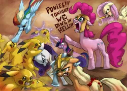 Size: 1000x715 | Tagged: semi-grimdark, artist:flick-the-thief, derpibooru import, applejack, fluttershy, pinkie pie, rainbow dash, rarity, twilight sparkle, earth pony, pegasus, pikachu, pony, unicorn, g4, 2011, 300, axe, battle axe, blood, crossover, dagger, female, fight, glow, glowing eyes, helmet, horn, horn impalement, horned helmet, image, impalement, injured, magic, mane six, mare, mouth hold, old art, parody, png, pokémon, raised hoof, sword, unicorn twilight, viking helmet, war, weapon