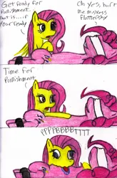 Size: 591x900 | Tagged: suggestive, artist:daisyhead, derpibooru import, ponibooru import, fluttershy, pinkie pie, earth pony, pegasus, pony, g4, artifact, blindfold, bondage, comic, female, flutterpie, image, jpeg, lesbian, lip bite, misspelling of you're, onomatopoeia, pinkie pie is not amused, raspberry, raspberry noise, ship:flutterpie, shipping, tongue out, tummy buzz, unamused