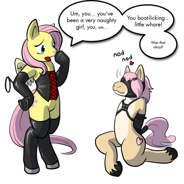 Size: 1200x1200 | Tagged: suggestive, artist:boundbrush, artist:immelmann, derpibooru import, fluttershy, oc, earth pony, pegasus, pony, semi-anthro, g4, 2011, bipedal, blindfold, bondage, canon x oc, clothes, dialogue, dominant, dominatrix, dominatrixshy, female, femdom, femsub, flutterdom, fluttershy trying and failing to be a dom, heart, hentai quotes, image, in character, jpeg, leather, lesbian, mare, nodding, old art, simple background, smiling, socks, submissive, tail, tail wrap, thigh highs, underhoof, unshorn fetlocks, whip, white background