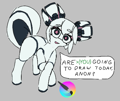 Size: 406x343 | Tagged: safe, artist:anonymous, derpibooru import, ponified, pony, robot, robot pony, (you), crossed hooves, drawthread, female, gray background, image, kiki the cyber squirrel, krita, looking at you, mare, mascot, png, simple background, solo, speech bubble, talking to viewer, wingding eyes