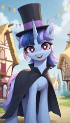 Size: 1920x3360 | Tagged: safe, ai content, anonymous prompter, derpibooru import, machine learning generated, oc, oc:flawless sparklemoon, unofficial characters only, pony, unicorn, cape, clothes, female, fusion, fusion:trixie, fusion:twilight sparkle, fusion:twixie, happy, head tilt, horn, image, looking at you, mare, open mouth, outdoors, png, ponyville, prompt in description, prompt in metadata, solo, standing, starry eyes, wingding eyes