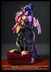 Size: 4000x5656 | Tagged: safe, artist:imafutureguitarhero, derpibooru import, sci-twi, sunset shimmer, twilight sparkle, twilight sparkle (alicorn), alicorn, anthro, classical unicorn, pony, unguligrade anthro, unicorn, series:twilight's sexual deviancy, g4, 3d, absurd resolution, arm fluff, arm freckles, blind, blindness, breast fluff, cheek fluff, chest fluff, chromatic aberration, clothes, cloven hooves, collar, colored eyebrows, colored eyelashes, colored wings, dialogue, dork, duo, ear fluff, ear freckles, evening gloves, female, film grain, fingerless elbow gloves, fingerless gloves, floral head wreath, flower, flower in hair, fluffy, fluffy hair, fluffy mane, fluffy tail, freckles, fur, glasses, glasses off, glasses on head, glazed eyes, gloves, hand on shoulder, hoof fluff, horn, image, jpeg, kneeling, latex, latex corset, latex pants, leonine tail, lesbian, long gloves, long hair, long mane, mare, multicolored hair, multicolored mane, multicolored tail, neck fluff, ottoman, pants, peppered bacon, revamped anthros, revamped ponies, ship:sci-twishimmer, shipping, shorts, shoulder fluff, shoulder freckles, signature, socks, source filmmaker, stage.bsp, striped gloves, striped socks, striped stockings, subtitles, sunsetsparkle, tail, tail fluff, tanktop, text, two toned wings, unshorn fetlocks, vertical, wall of tags, wing fluff, wing freckles, wings