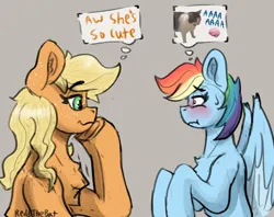 Size: 1455x1155 | Tagged: safe, artist:reddthebat, derpibooru import, applejack, rainbow dash, cat, earth pony, pegasus, pony, g4, appledash, blushing, brain, bust, chest fluff, duo, duo female, ear fluff, ear freckles, female, freckles, gray background, hoof on chin, image, jpeg, lesbian, looking at each other, looking at someone, loose hair, mare, organs, shipping, shoulder freckles, signature, simple background, sweat, sweatdrop, thought bubble