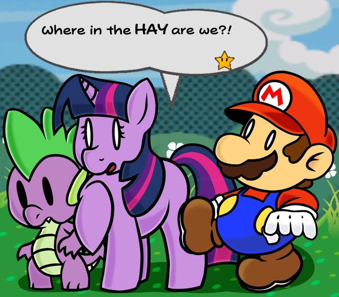 Size: 2048x1794 | Tagged: safe, artist:chaosimp2006, derpibooru import, spike, twilight sparkle, dragon, human, pony, unicorn, g4, crossover, cute, female, horn, image, jpeg, male, mare, mario, paper mario, paper mario: the thousand year door, raised hoof, super mario bros., surprised, trio, unicorn twilight