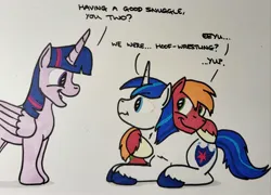 Size: 2048x1472 | Tagged: safe, artist:hoofclid, derpibooru import, big macintosh, shining armor, twilight sparkle, twilight sparkle (alicorn), alicorn, earth pony, pony, unicorn, g4, dialogue, embarrassed, horn, hug, image, jpeg, lying down, marker drawing, open mouth, open smile, prone, smiling, traditional art, trio, wavy mouth