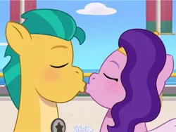 Size: 1024x768 | Tagged: safe, artist:naye_livelife, derpibooru import, hitch trailblazer, pipp petals, earth pony, pegasus, pony, g5, my little pony: tell your tale, blushing, duo, duo male and female, eyes closed, female, image, jpeg, kiss on the lips, kissing, male, mare, maretime bay, ocean, outdoors, railing, ship:pitch, shipping, stallion, straight, water