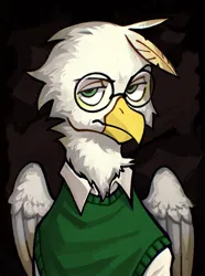 Size: 1040x1400 | Tagged: safe, artist:bunnyshrubby, derpibooru import, oc, oc:erich muehschnabel, oc:erich mühschnabel, unofficial characters only, gryphon, equestria at war mod, beak, botanist, bust, clothes, glasses, griffon oc, image, jpeg, looking at camera, male, portrait, serious, serious face, shirt, solo, updated portrait, updated portraits, updated portraits from the equestria at war mod