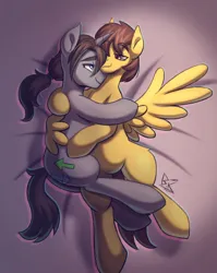 Size: 1812x2282 | Tagged: safe, artist:bkiltersot, derpibooru import, oc, oc:dust, oc:toasty, unofficial characters only, pegasus, pony, unicorn, bedroom eyes, butt, cuddling, duo, duo male, gay, horn, hug, image, male, plot, png, stallion, winghug, wings