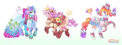 Size: 3856x1412 | Tagged: safe, artist:roccoco-co, derpibooru import, ivy, light heart, sundance (g2), earth pony, pony, unicorn, g2, blushing, boots, bow, clothes, dress, female, flower, hair bow, horn, image, lidded eyes, looking at you, mare, open mouth, open smile, png, race swap, redesign, shoes, signature, smiling, starry eyes, trio, trio female, unicornified, wingding eyes