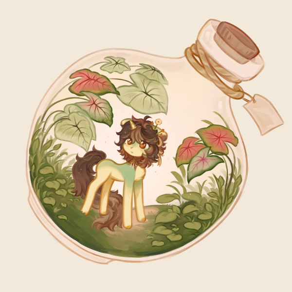 Size: 3150x3150 | Tagged: safe, artist:deadchrltte, derpibooru import, oc, unofficial characters only, pony, unicorn, flower, flower in hair, grass, high res, horn, image, png, pony in a bottle, simple background, solo, terrarium