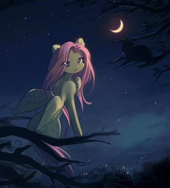 Size: 5670x6282 | Tagged: safe, artist:deadchrltte, derpibooru import, fluttershy, cat, pegasus, pony, absurd resolution, city lights, female, image, in a tree, jpeg, looking at you, looking back, looking back at you, mare, moon, night, scenery, sitting, solo, tree