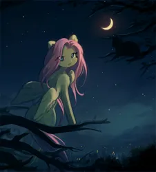 Size: 5670x6282 | Tagged: safe, artist:deadchrltte, derpibooru import, fluttershy, cat, pegasus, pony, absurd resolution, city lights, female, image, in a tree, jpeg, looking at you, looking back, looking back at you, mare, moon, night, scenery, sitting, solo, tree