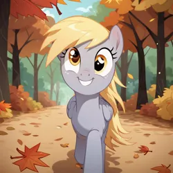 Size: 1024x1024 | Tagged: safe, ai content, derpibooru import, machine learning generated, prompter:harvydraws, derpy hooves, pegasus, pony, g4, autumn, female, image, jpeg, leaves, mare, solo