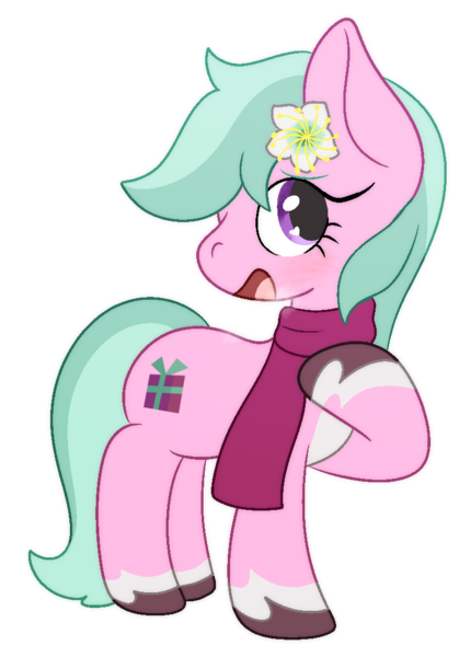 Size: 774x1109 | Tagged: safe, artist:mimiqq, derpibooru import, earth pony, pony, g5, breath, clothes, dahlia, flower, flower in hair, happy, image, looking up, png, raised hoof, scarf, simple background, smiling, solo, transparent background, unshorn fetlocks, winter, winter outfit