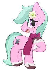 Size: 774x1109 | Tagged: safe, artist:mimiqq, derpibooru import, earth pony, pony, g5, breath, clothes, dahlia, flower, flower in hair, happy, image, looking up, png, raised hoof, scarf, simple background, smiling, solo, transparent background, unshorn fetlocks, winter, winter outfit