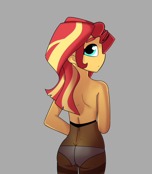 Size: 4500x5154 | Tagged: suggestive, artist:tjpones, derpibooru import, sunset shimmer, human, equestria girls, g4, absurd resolution, ass, bunset shimmer, butt, clothes, female, gray background, image, looking at you, looking back, looking back at you, panties, pantyhose, partial nudity, png, rear view, simple background, solo, solo female, topless, underwear