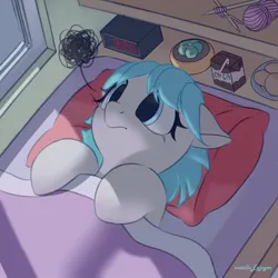 Size: 900x900 | Tagged: safe, artist:nutellaenjoyer, derpibooru import, coco pommel, earth pony, pony, g4, alarm clock, bed, blanket, clock, female, image, jpeg, lying down, mare, needle, pillow, thread