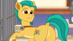 Size: 3379x1900 | Tagged: safe, artist:gmaplay, derpibooru import, hitch trailblazer, pony, g5, butt, butt focus, dock, featureless crotch, hitchbutt, image, looking back, plot, png, raised tail, solo, tail